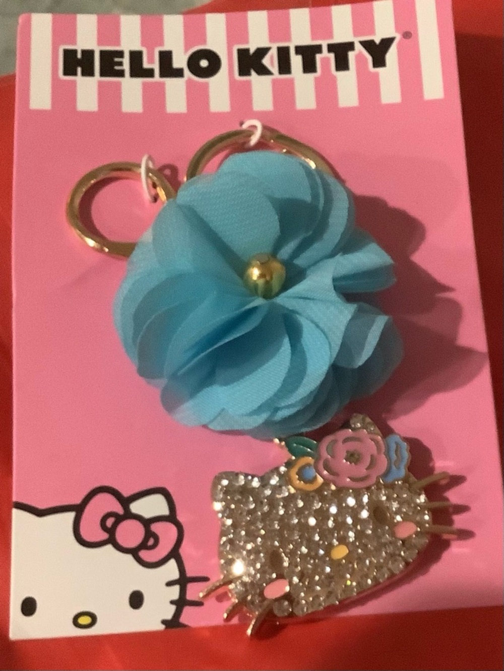 Hello Kitty Pink & Blue Crystal Face Keychain with Blue Fabric Flower